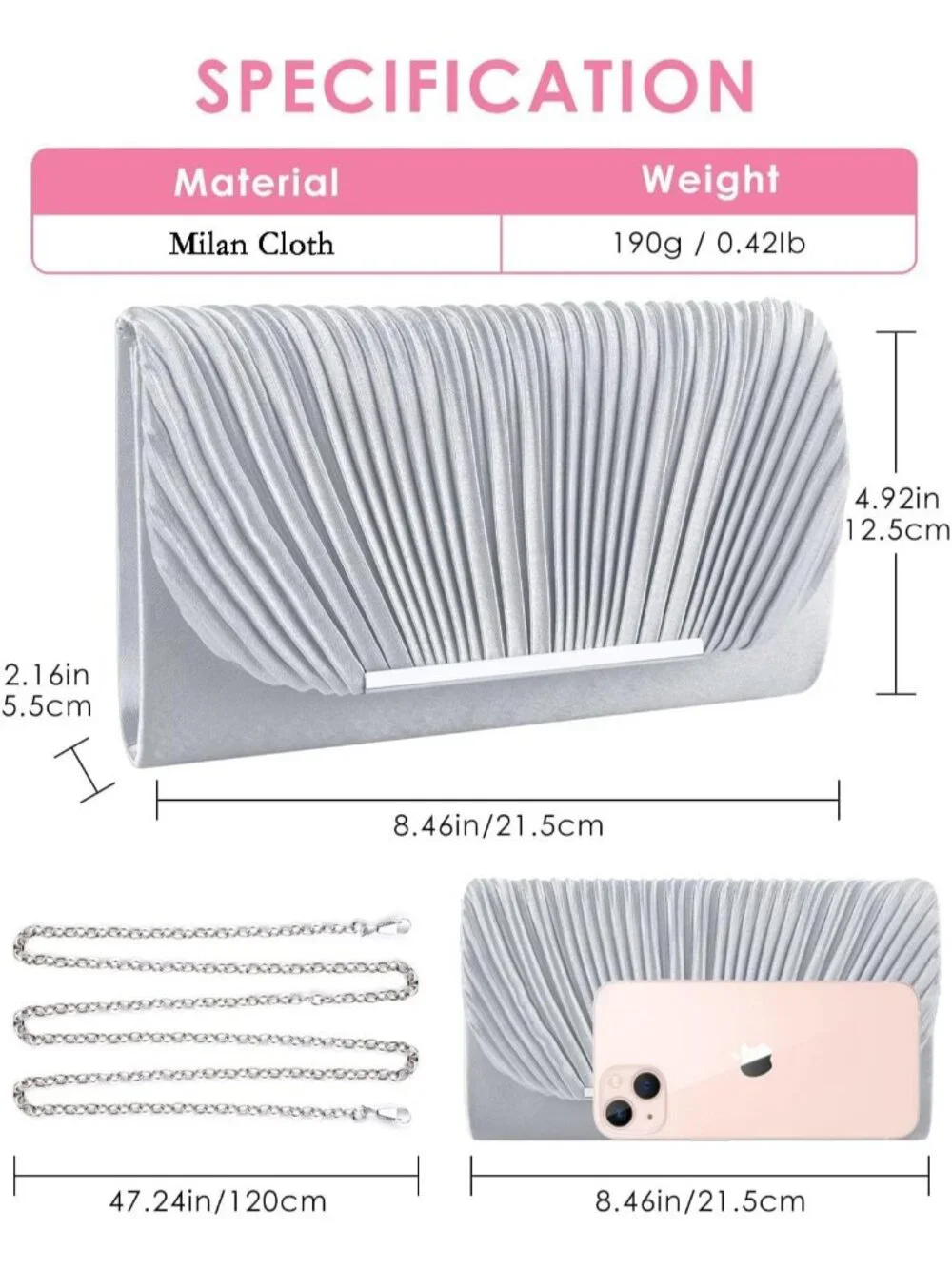 Women's Silver Clutch Purse Evening Envelope Wedding Crossbody Shoulder Bag